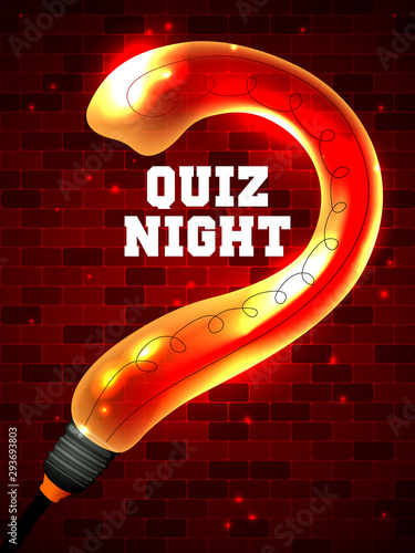 Quiz night announcement poster design web banner background vector illustration. Pub quiz held in a pub, bar, night club. Modern pub team game. Questions game shining retro light banner. Lightbulb