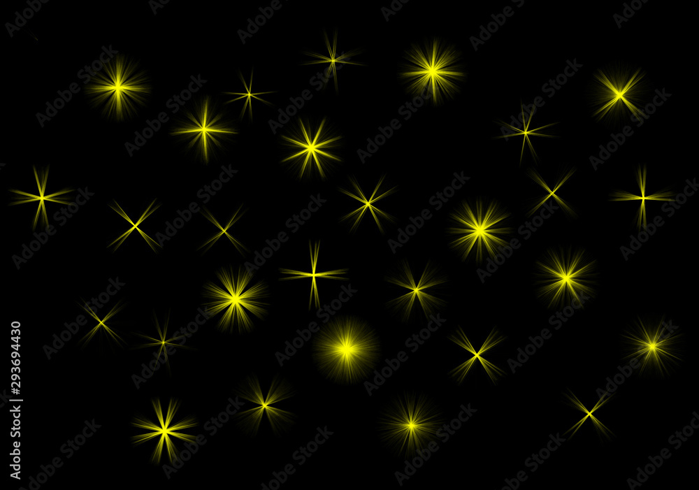 set of yellow gold star rays on black background set of yellow gold star rays on black background