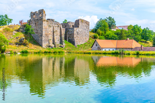 Borotin Castle ruins with romantic pond in the foreground  Borotin  South Bohemia  Czech Republic