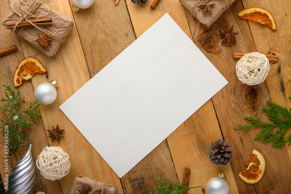 Christmas background, on tree, white blank postcard mockup for design with gifts, Christmas tree. New Year gift background.