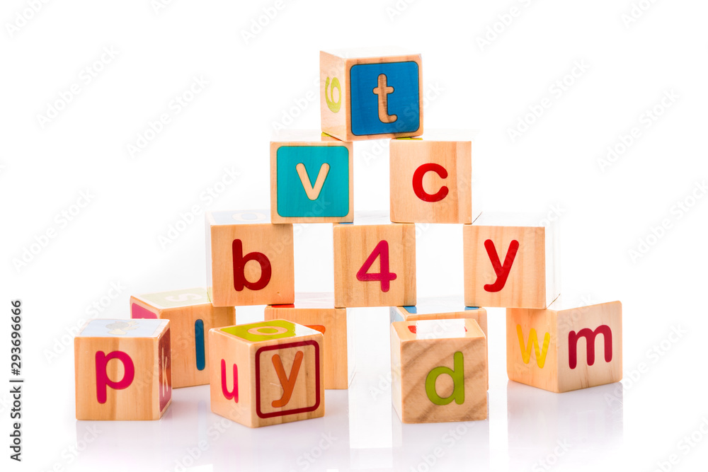 Toy cubes. Baby collection. ABC letters made from baby toys Toy cubes. Baby collection. ABC letters made from baby toys