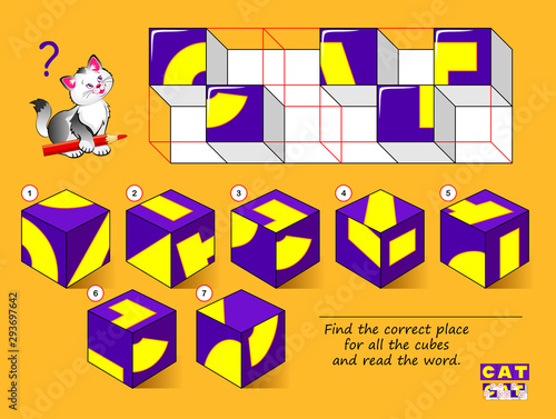 Logical puzzle game for children. Find the correct place for all the cubes and read the word. Study English. Printable page for kids brain teaser book. Developing spatial thinking. IQ training test.