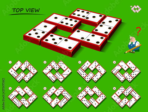 Logical puzzle game for children and adults. Need to find correct top view of dominoes. Printable page for kids brain teaser book. Developing spatial thinking skills. IQ training test. Vector image.