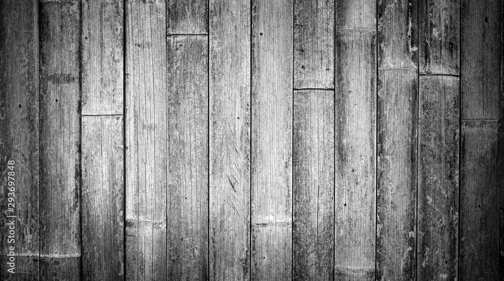 Rustic black and white vintage textured wood bamboo background with rough grain. Vertical parallel boards. - obrazy, fototapety, plakaty 