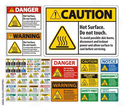 Hot Surface, Do Not Touch, To Avoid Possible Skin Burns, Disconnect And Lockout Power And Allow Surface To Cool Before Servicing Symbol Sign Isolate On White Background,Vector Illustration