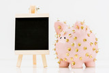 Concept image illustrating protecting savings and investments showing a pink piggy bank protected by drawing tacks and isolated against a white background.