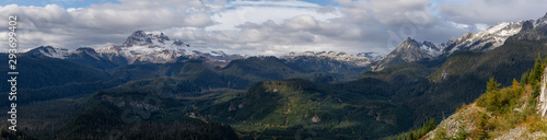 Beautiful Panoramic View of Canadian Mountain Landscape during a colorful and vibrant evening in Fall Season. Taken on a trail to Watersprite Lake near Squamish, North of Vancouver, BC, Canada.