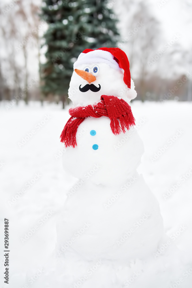 Handmade snowman with a scarf, Santa Claus hat, carrot nose and mustache in a snowy park.