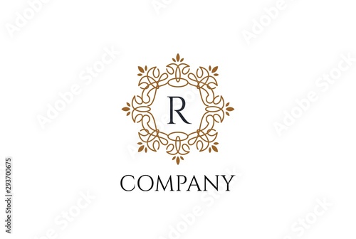 Luxury gold and white logo design template vector illustration for Restaurant, Royalty, Boutique, Cafe, Hotel, Heraldic, Jewelry and Fashion. Ornament shapes for logotype or badge design.