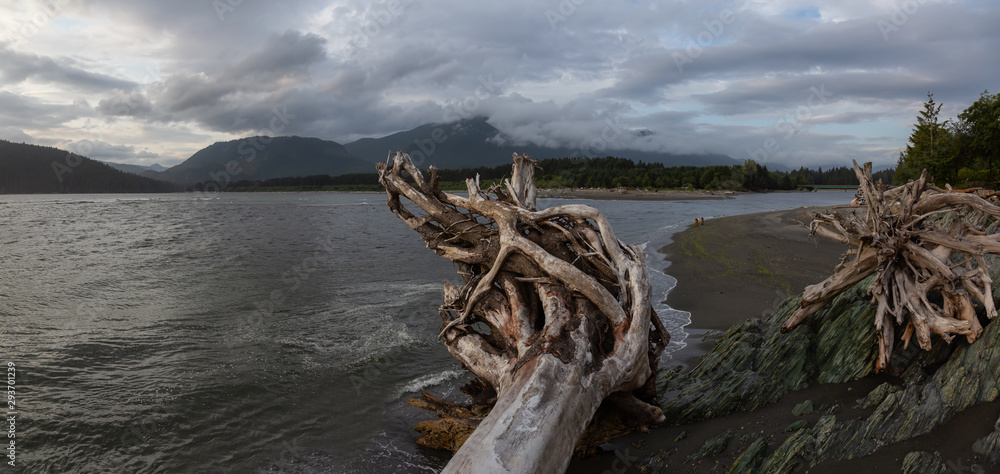 Beautiful Panoramic View of a beach in a small town during a cloudy summer sunset. Taken at Port Renfrew, Vancouver Island, BC, Canada.