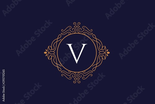 Luxury gold and blue logo design template vector illustration for Restaurant, Royalty, Boutique, Cafe, Hotel, Heraldic, Jewelry and Fashion. Ornament shapes for logotype or badge design.