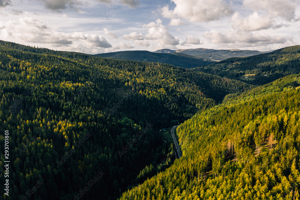 Aerial drone photography of giant mountains, Špindlerův Mlýn.