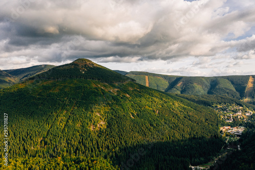 Aerial drone photography of giant mountains, Špindlerův Mlýn.