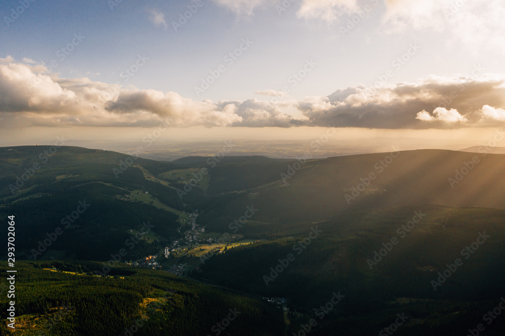 Aerial drone photography of a giant mountains, Poland and Czech Republic border, highest peak sniezka/snezka. 