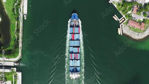 Delivery by the water. Drone footage from the high over the loaded container ship moving in Port Miami. A part of port ifrastructure is seen beside. photo