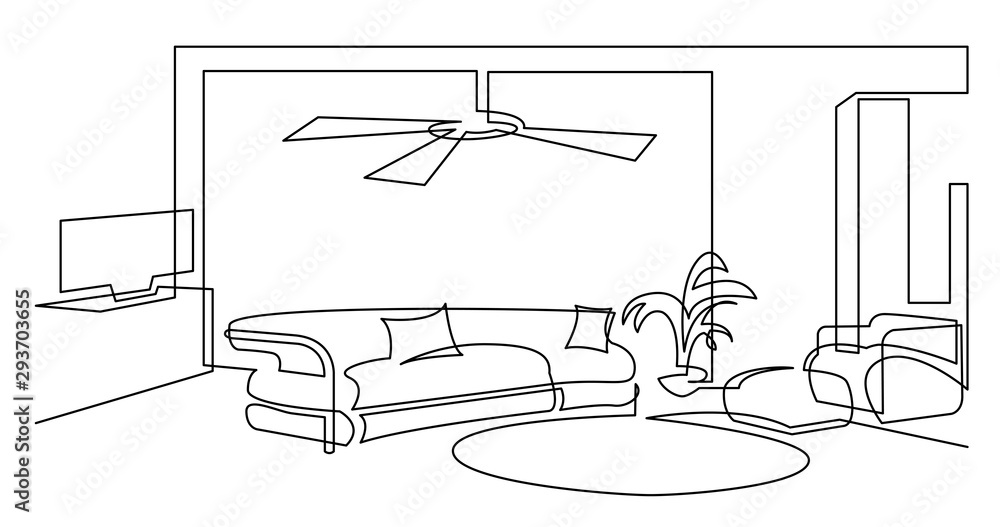 continuous line drawing of living room with sofa tv and armchair Stock ...