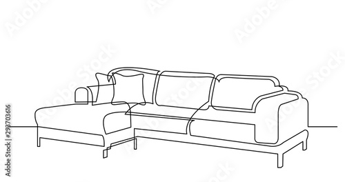 continuous line drawing of large modern sectional sofa with cushions
