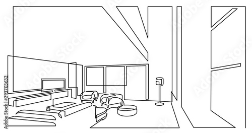 continuous line drawing of large spacious living room area with flat screen tv and furniture