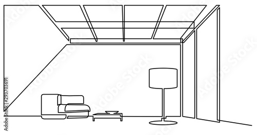 continuous line drawing of open space living room area with sofa and floor lamp