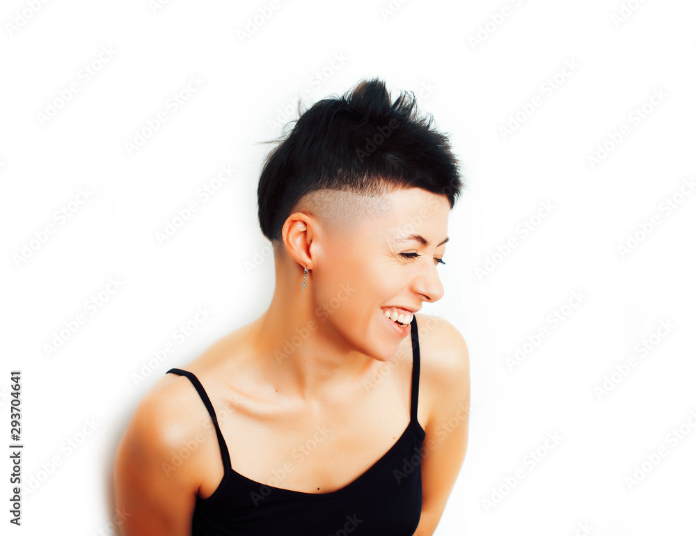 young pretty brunette girl with modern short haircut posing cheerful smiling isolated on white background, lifestyle people concept young pretty brunette girl with modern short haircut posing cheerful smiling isolated on white background, lifestyle people concept