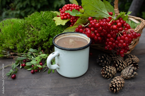 wild berries, cones and a mug with a drink