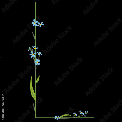 Capital letter L with forget-me-not flowers. Floral alphabet. Delicate botanical font. On black background.	
