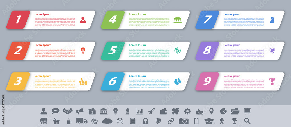 Infographic design business concept vector illustration with 9 steps or options or processes represent work flow or diagram or web button banner Infographic design business concept vector illustration with 9 steps or options or processes represent work flow or diagram or web button banner
