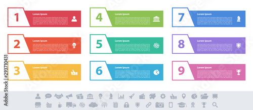 Infographic design business concept vector illustration with 9 steps or options or processes represent work flow or diagram or web button banner