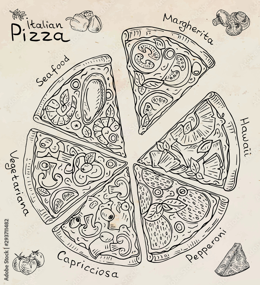 Beautiful illustration of Italian Pizza. Six slices of Margarita, Hawaii, Pepperoni, Vegetarian and Seafood pizza Beautiful illustration of Italian Pizza. Six slices of Margarita, Hawaii, Pepperoni, Vegetarian and Seafood pizza
