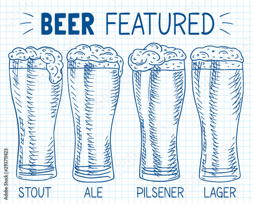 Beer featured. Beautiful illustration of stout, ale, light and lager beer