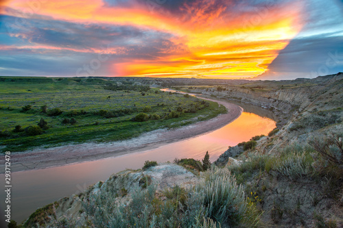 Sunset over the Little Missouri River and Wind Canyon, Theodore Roosevelt National Park, North Dakota