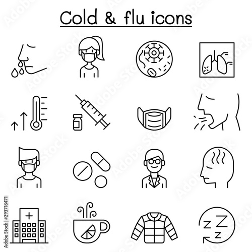 Cold, flu, allergy & sick icon set in thin line style