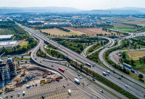 Aerial view of a highway intersection with a clover-leaf interchange Germany Koblenz