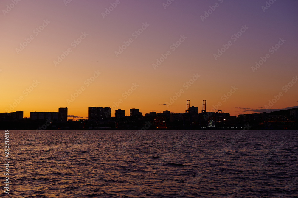 City silhouette, night view of the port, Vladivostok city