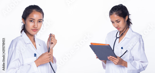 Professional Asian Beautiful Doctor Nurse woman in labcoat uniform wtih stethoscope on neck and check tablet smiles in Medical hospital, studio white background, collage group pack rear back side view photo