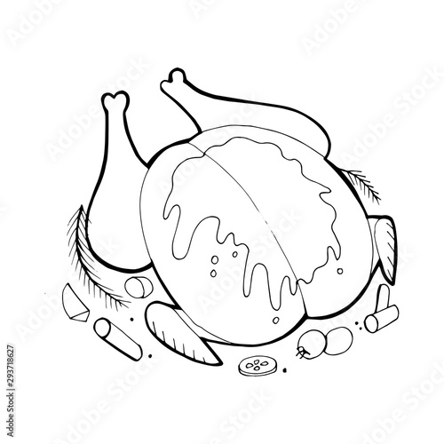 Vector roasted whole chicken. Engraved food illustration.