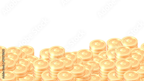 Piles of gold coins cartoon vector illustration. Many or golden coins stack with dollar sign, frame or border isolated on white background.