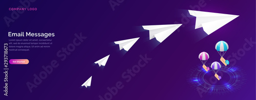 Email message service, isometric concept vector. Flying paper planes and parachuting icon envelopes descend to luminous circle, ultraviolet web page for email marketing company, sending notifications