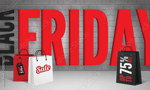Final discount offer vector banner template. Black and red black friday inscription on grey brick wall backdrop. Realistic shopping bags with 75 percent price reduction advert poster design layout