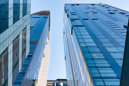 Photography Modern Corporate Blue Glass Skyscraper with Blue Sky in Chatswood Sydney Australia
