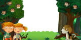 cartoon scene with forest and animals with white background for text illustration for children