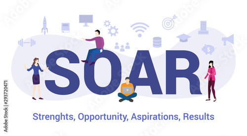 soar strengths opportunity aspirations result concept with big word or text and team people with modern flat style - vector