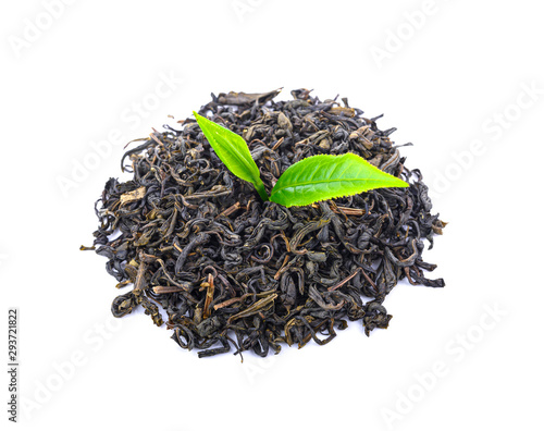 heap of dried green tea leaf on white background