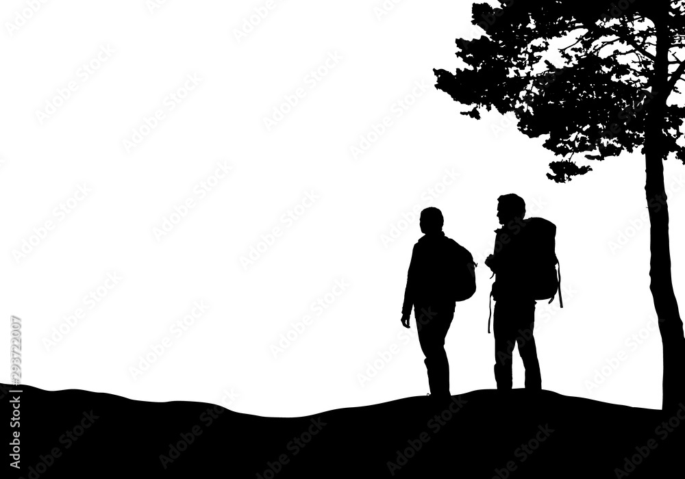 Realistic illustration with silhouettes of two tourists with backpacks, man and woman. It stands in a landscape with hills and a tree. Isolated on white background with space for text, vector Realistic illustration with silhouettes of two tourists with backpacks, man and woman. It stands in a landscape with hills and a tree. Isolated on white background with space for text, vector