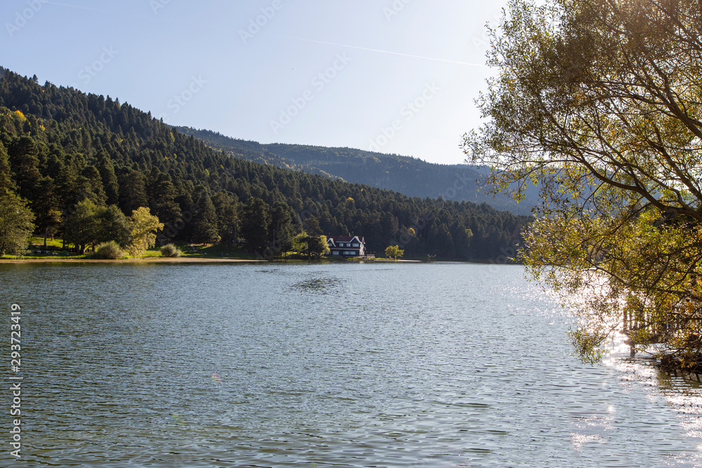 Bolu, Turkey, 29 September 2019: Goynuk, which is a historic district in the Bolu, Turkey. Lake, forest and house.