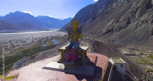 birds-eye view of Maitreya buddha statue in diskit Monastery.//Drone Shot photo