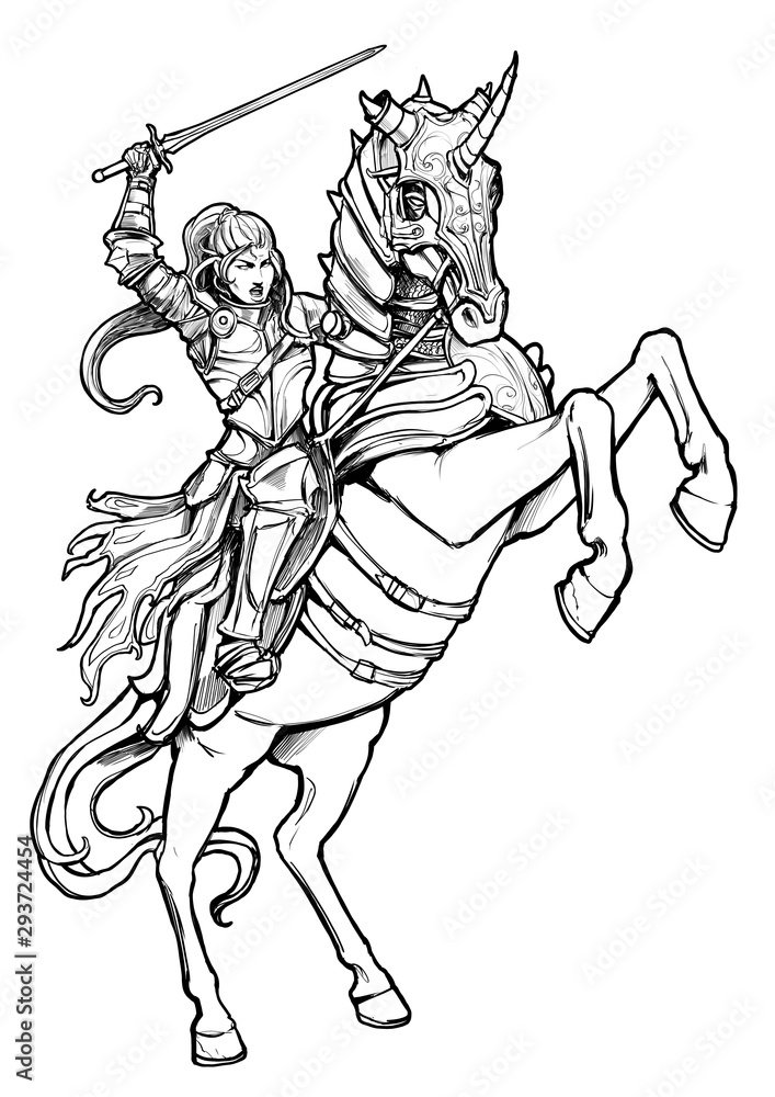 A woman knight with a sword exulting astride a rearing horse, shouts triumphantly . 2D illustration. A woman knight with a sword exulting astride a rearing horse, shouts triumphantly . 2D illustration.