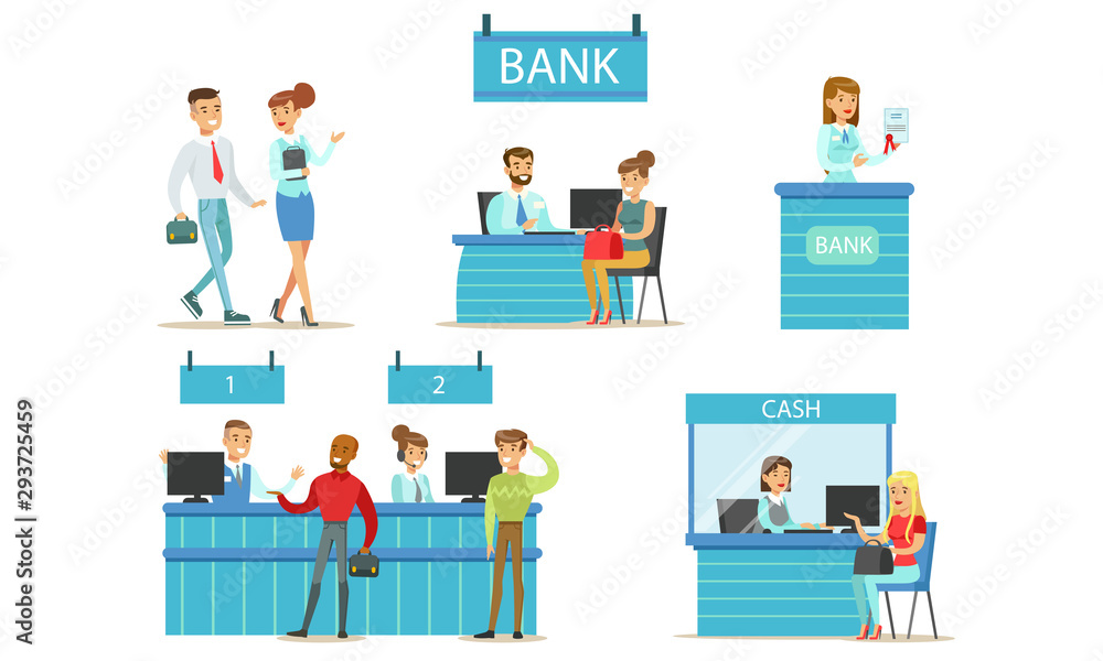 Bank Managers and Clients Set, Banking Service, People Standing at the Bank Office and Making Financial Operations with Money Vector Illustration