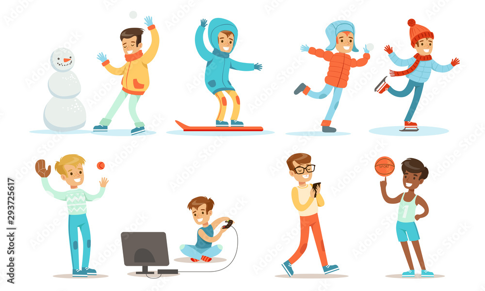Teenage Boy Activities Set, Boy Doing Sports, Riding Snowboard, Playing Basketball, Computer Games, Making Snowman Vector Illustration