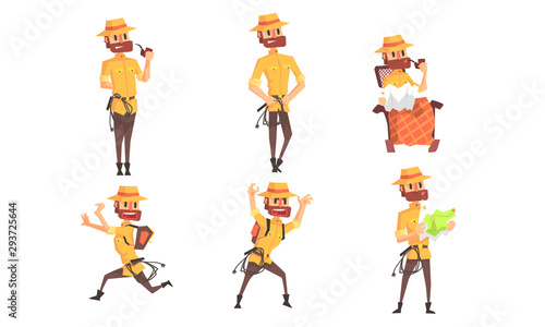 Archaeologist Scientist Cartoon Character in Different Situations Set, Funny Bearded Man in Safari Outfit Vector Illustration